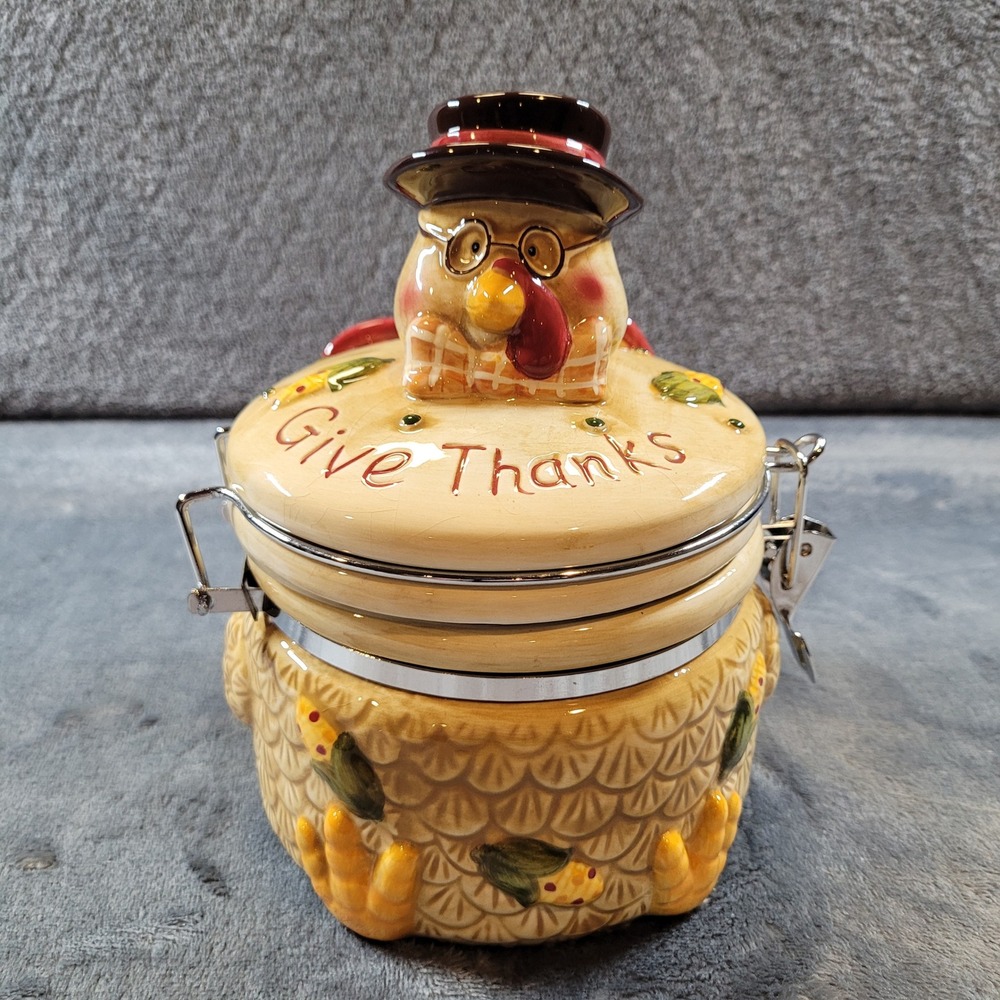Give Thanks Ceramic Turkey Canister Thanksgiving Autumn Kitchen Jar Airtight Lid